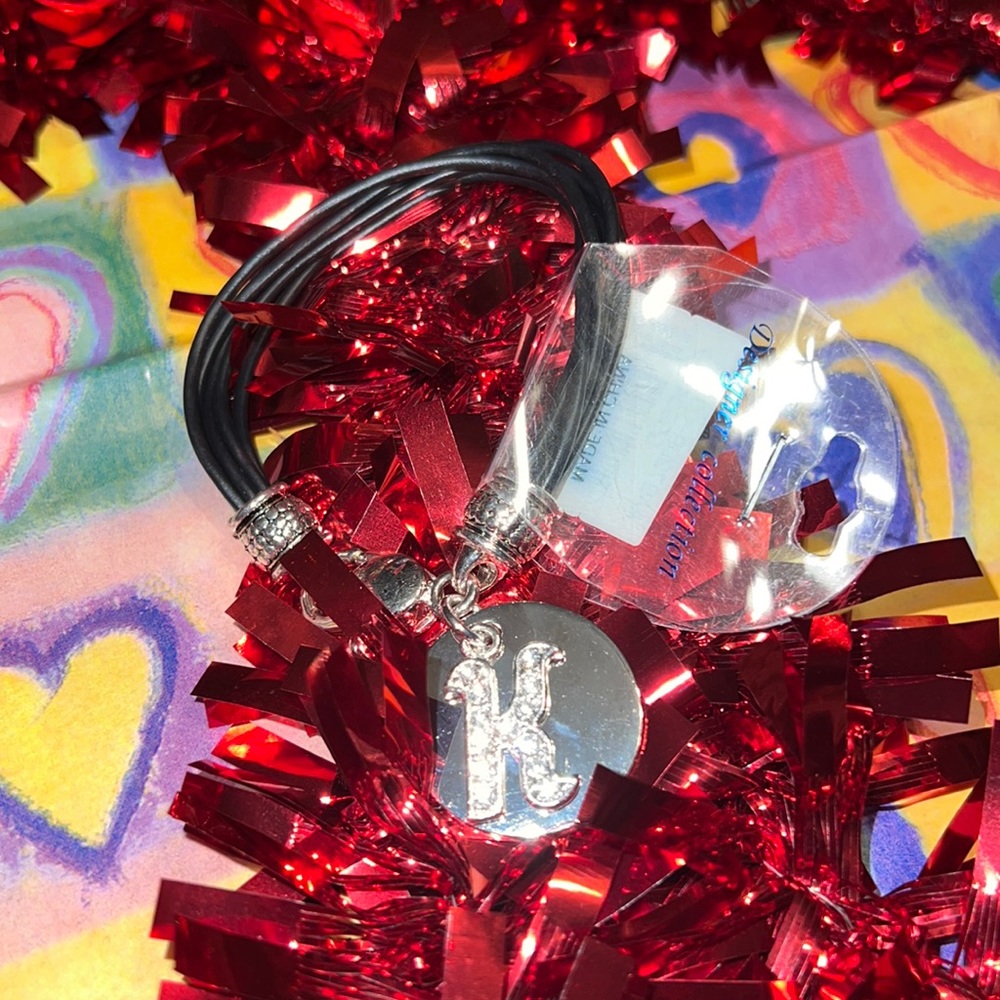 Vintage 6 Strand Black Vegan Waxed Cord Rhinestones Initial “K" Bracelet 7.5